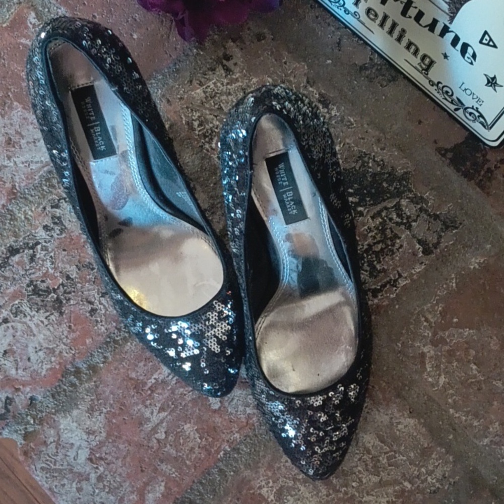 White House Black Market Athena Sequin Black 4" Heels - Picture 4 of 8
